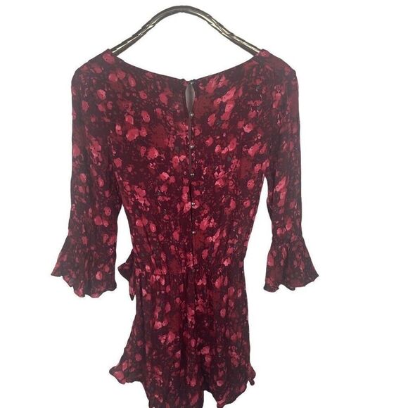 Free People Red Orange Purple Floral Ruffle Romper Viscose Rayon Size Small - Picture 2 of 10